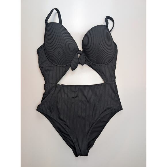 Women's Ribbed Tie-Front Cut Out One Piece Swimsuit Black - Shade & Shore 38DD - Picture 1 of 7